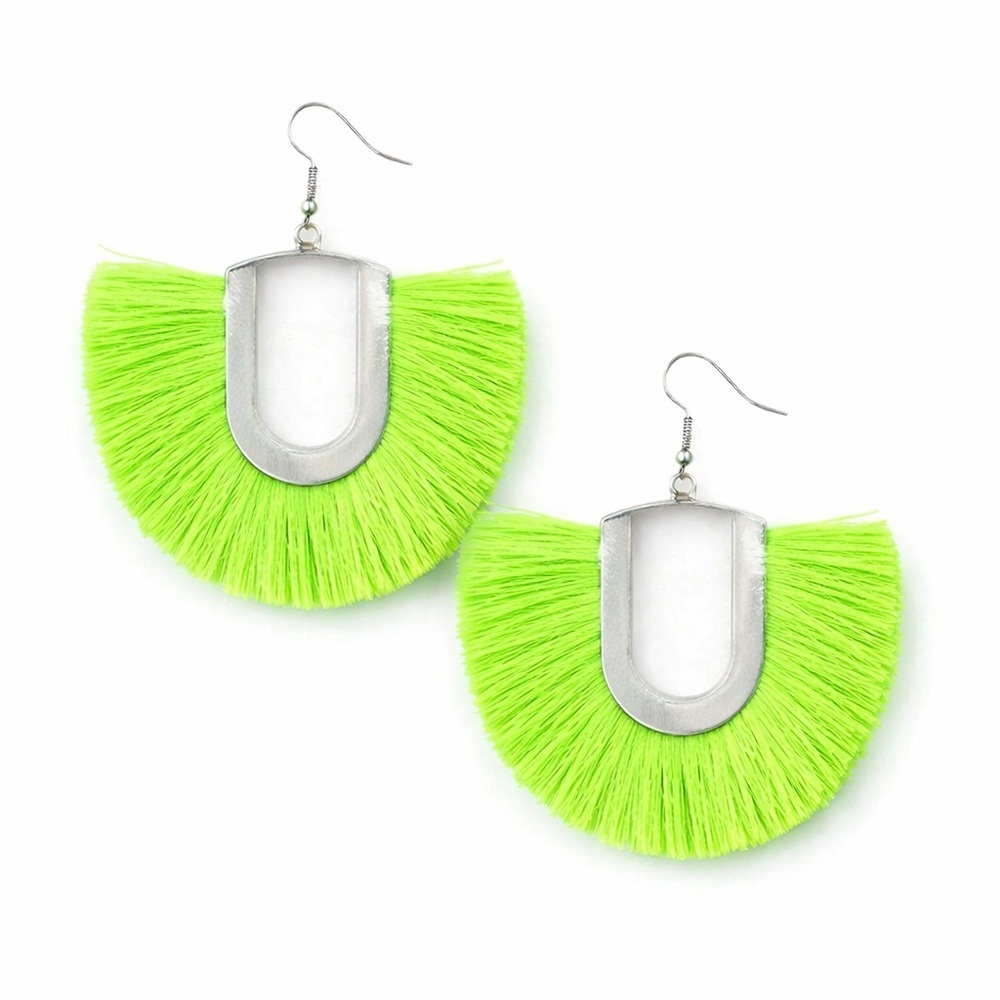 Tassel Neon Green and Silver Fringe Earrings - Picture 3 of 3